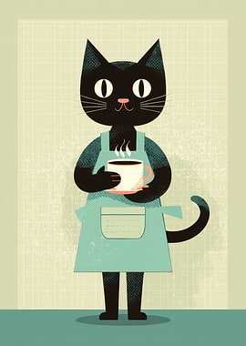 Black Cat in Apron Holding Coffee