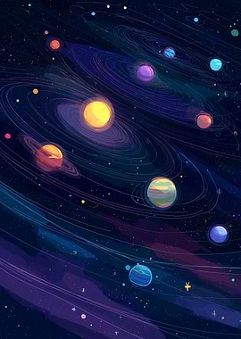 Cosmic Galaxy with Planets and Rings