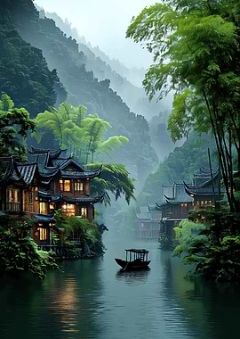 Misty Mountain Village with Boat