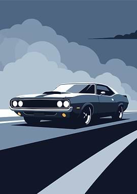 Classic Muscle Car on a Road Poster Vector Art