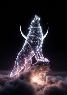 Stardust Wolf Howling at Crescent Moon