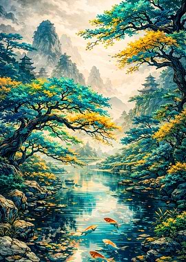 Serene Japanese Landscape with Koi Pond