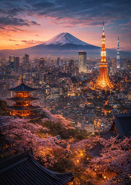 Tokyo Skyline at Sunset with Mount Fuji