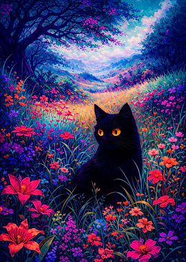 Black Cat in a Vibrant Flower Field