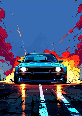 Blue Sports Car in Fiery Explosion