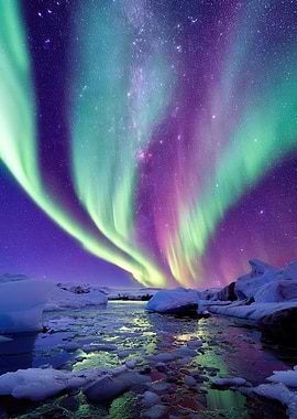Aurora Borealis over icy landscape