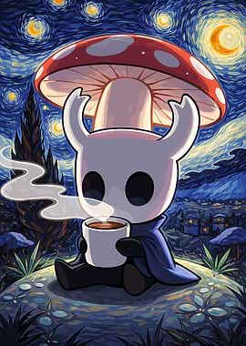 Hollow Knight Character Enjoying Coffee Under Mushroom
