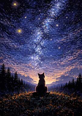 Cat gazing at the starry night sky