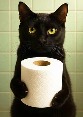 Black cat holding toilet paper