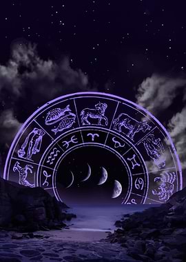 Zodiac Wheel Over Ocean at Night