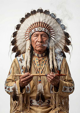 Native American Man with Headdress and Pipe