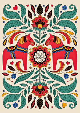 Folk Art Red Horses Symmetry