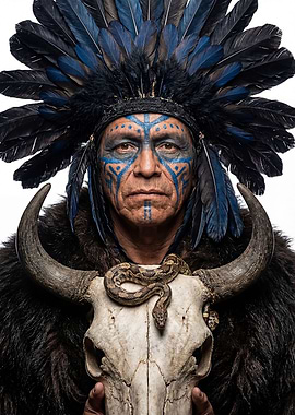Native American Man with Headdress and Snake