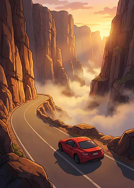Red car driving through a canyon at sunset