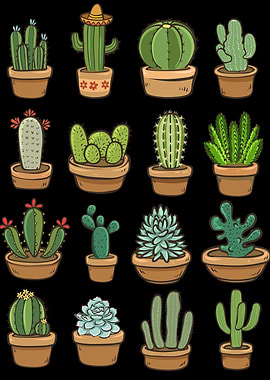 Hand Drawn Cute Cactus And Succulent Collection Set