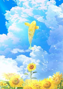 Golden Koi Fish in Sky with Sunflowers