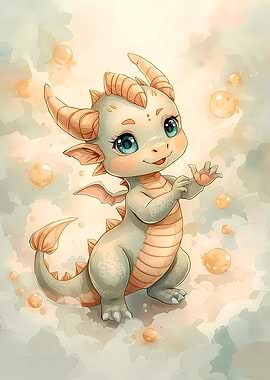 Cute green baby dragon with bubbles