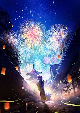 Anime girl at a festival with fireworks