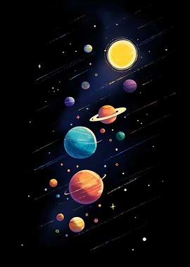 Colorful Planets and Sun in Space