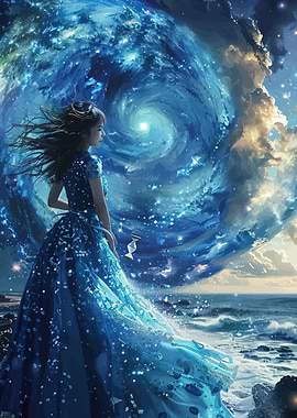 Woman in a starry blue dress by the ocean