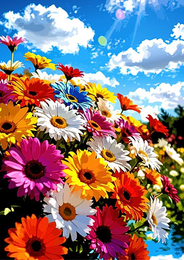 Vibrant Gerbera Daisies Under a Blue Sky