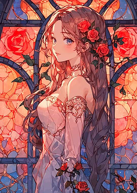 Anime Girl in Rose Garden Stained Glass