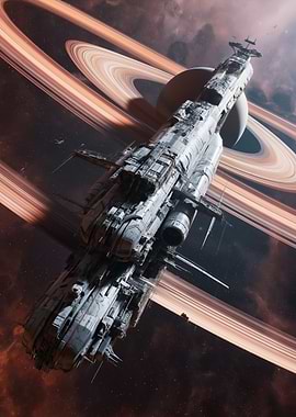 Massive Spaceship Near Saturn-like Rings