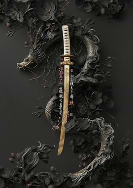 Dragon and Katana with Black Flowers