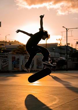 Skateboarder performing a trick at sunset