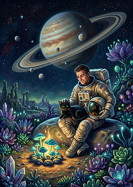 Astronaut and Cat on Alien Planet