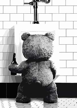 Teddy Bear with Beer in Bathroom