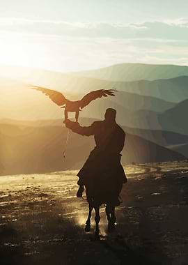 Man and Eagle on Horseback at Sunset