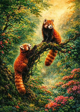 Two Red Pandas in a Lush Forest