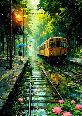 Anime Train Station in Rain
