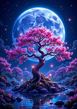 Enchanted Cherry Blossom Tree Under Moon