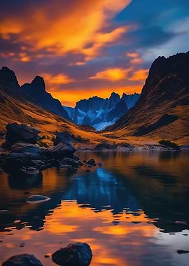Dramatic Mountain Lake Sunset Reflection
