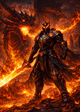 Knight and Dragon in Fiery Landscape
