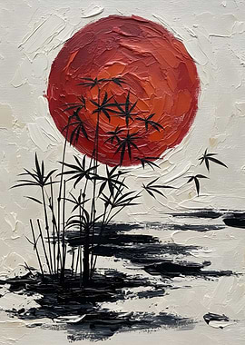 Red Sun and Bamboo Painting