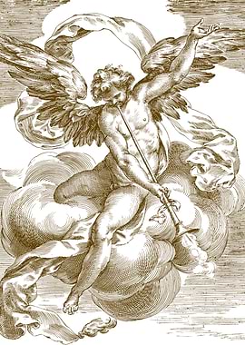 Angel blowing a trumpet on clouds