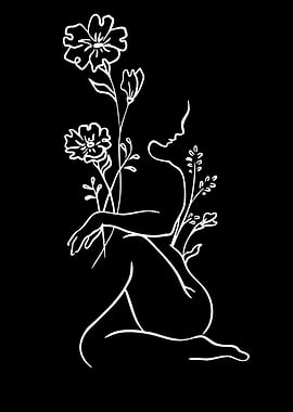 Woman and Flowers Line Art