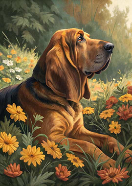 Bloodhound in a Field of Flowers