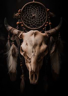 Dreamcatcher with Bull Skull and Feathers