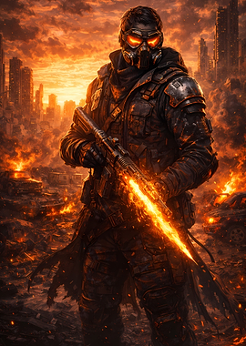 Post-Apocalyptic Soldier with Fiery Rifle