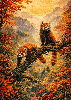 Red Pandas in Autumn Forest