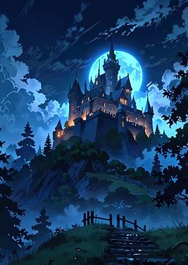 Mystical Castle Under a Full Moon