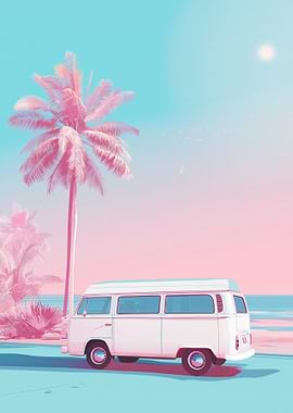 Retro Van on a Tropical Beach