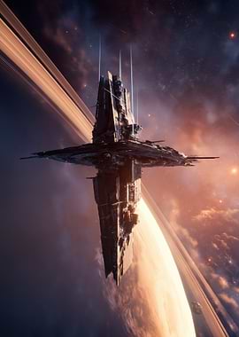 Massive Space Station Orbiting Ringed Planet