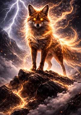 Mythical Fox Amidst Lightning Storm