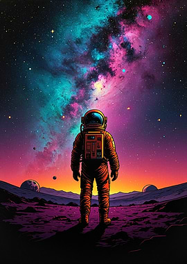 Astronaut on alien planet looking at galaxy