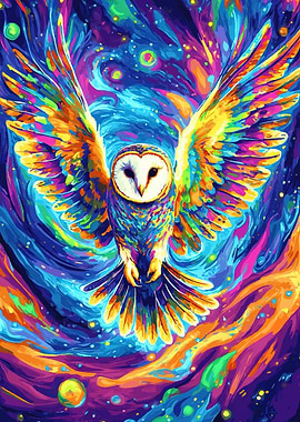 Colorful Owl in Cosmic Background